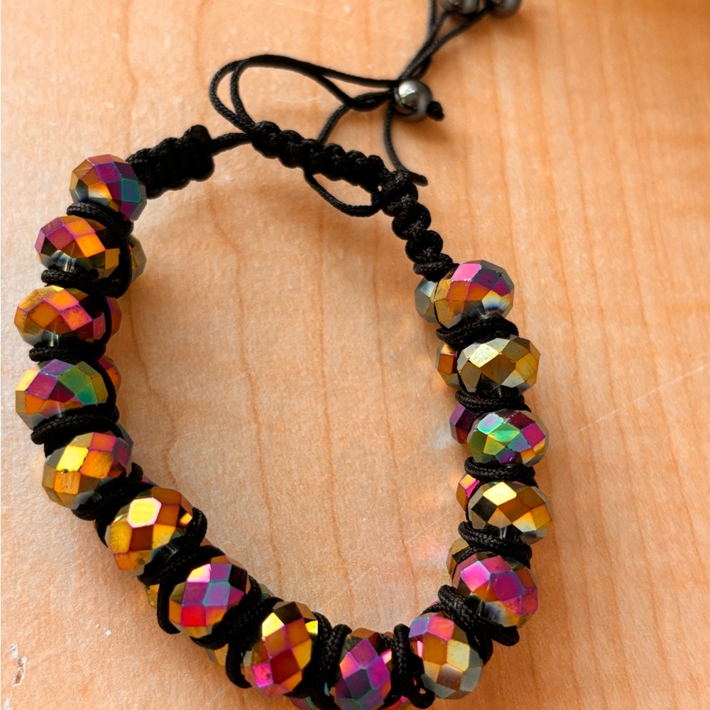 Black faceted beaded ab bracelet/ adjustable/ from 6 1/4 through 8 1/2